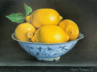 Painting titled "Still life - lemons…" by Stepan Ohanyan, Original Artwork, Oil Mounted on Wood Stretcher frame