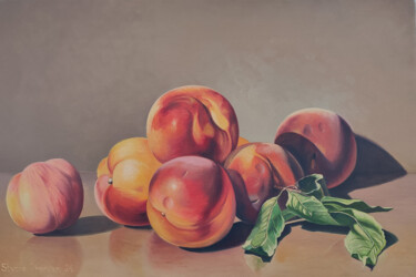 Schilderij getiteld "Sun-Kissed Peaches" door Stepan Ohanyan, Origineel Kunstwerk, Olie Gemonteerd op Frame voor houten bran…