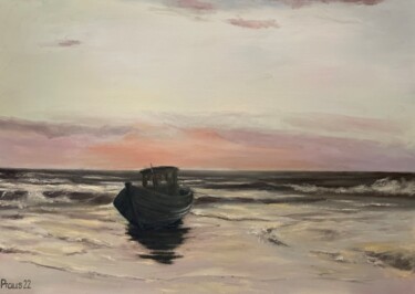 Malerei mit dem Titel "Kutter am Strand" von Stephan Praus, Original-Kunstwerk, Öl