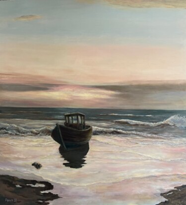 Malerei mit dem Titel "Kutter am Strand III" von Stephan Praus, Original-Kunstwerk, Öl