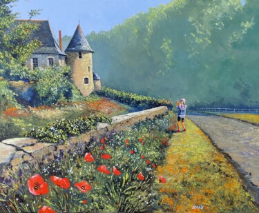 Painting titled "Coquelicots au Chat…" by Stephan Serais, Original Artwork, Oil Mounted on Wood Stretcher frame