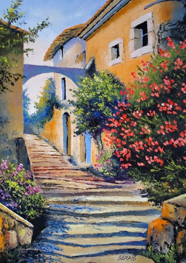 Painting titled "Ruelle provençale" by Stephan Serais, Original Artwork, Oil Mounted on Wood Stretcher frame