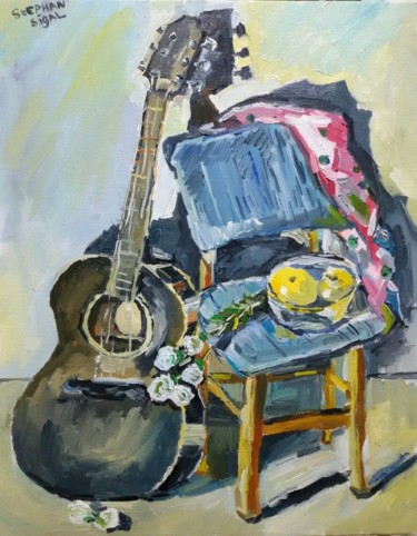 Картина под названием "Натюрморт с гитарой…" - Stephan_sigal, Подлинное произведение искусства, Масло