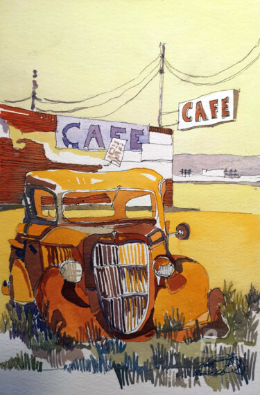 Peinture intitulée "Yellow cafe route 66" par Stephane Cazenave, Œuvre d'art originale, Aquarelle