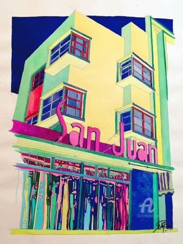 Peinture intitulée "San Juan Hotel MIam…" par Stephane Cazenave, Œuvre d'art originale, Aquarelle