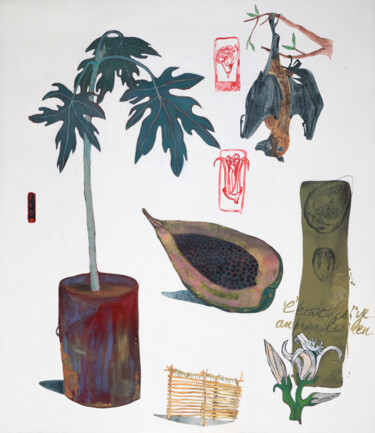 Картина под названием "Le refuge aux papay…" - Stéphane Foucaud, Подлинное произведение искусства, Акрил Установлен на Дерев…