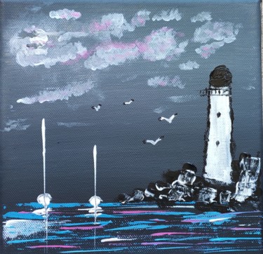 Painting titled "Un phare quelques p…" by Stephane Genin, Original Artwork, Acrylic Mounted on Wood Stretcher frame