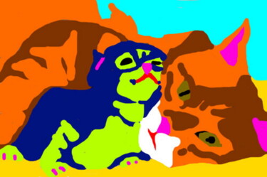Arts numériques intitulée "Le chaton et sa mère" par Stephane Pruvot, Œuvre d'art originale, Peinture numérique