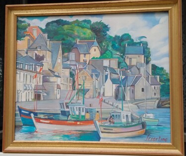 Painting titled "Un PORT BRETON  PON…" by Stéphane Sciortino, Original Artwork, Oil Mounted on Wood Stretcher frame