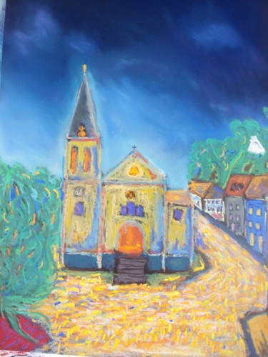 Peinture intitulée "église de Sauzon" par Stephane Thery, Œuvre d'art originale