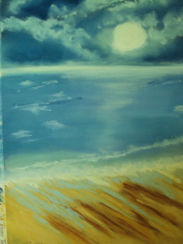 Peinture intitulée "lune sur la plage" par Stephane Thery, Œuvre d'art originale, Pastel