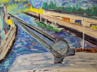 Peinture intitulée "grue dans le port d…" par Stephane Thery, Œuvre d'art originale, Pastel