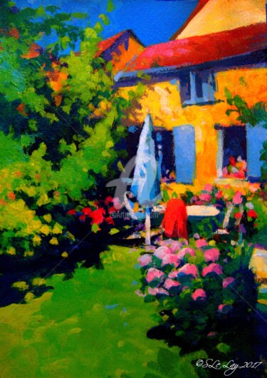 Картина под названием "Maison et jardin au…" - Stéphane Le Lay, Подлинное произведение искусства, Акрил
