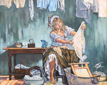 Peinture intitulée "La corvée de linge" par Stéphane Petit, Œuvre d'art originale, Acrylique