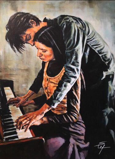 Schilderij getiteld "Leçon de piano" door Stéphane Petit, Origineel Kunstwerk, Acryl