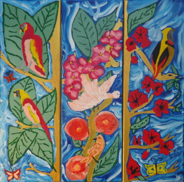 Painting titled "Oiseaux du monde" by Stéphanie Beauvais, Original Artwork, Acrylic Mounted on Wood Stretcher frame