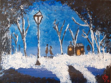 Painting titled "Noël sous la chapel…" by Stéphanie Beauvais, Original Artwork, Acrylic Mounted on Wood Stretcher frame