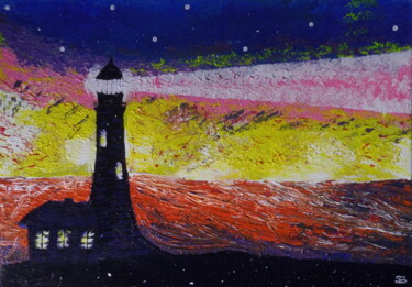 Painting titled "Phare dans la nuit" by Stéphanie Beauvais, Original Artwork, Acrylic Mounted on Wood Stretcher frame