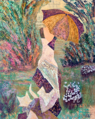Pintura intitulada "La femme cigale sur…" por Stéphanie Durand-Lelong, Obras de arte originais, Óleo Montado em Armação em m…
