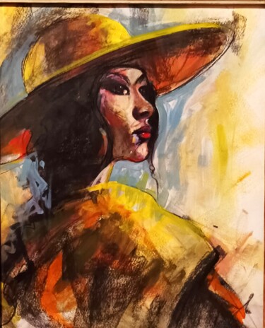 Pintura intitulada "Femme au chapeau" por Stephanie Lavanan, Obras de arte originais, Acrílico Montado em Painel de madeira