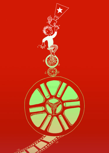 Dessin intitulée "Ciné vélo rouge" par Stéphanie Logeais (Steff), Œuvre d'art originale, Encre