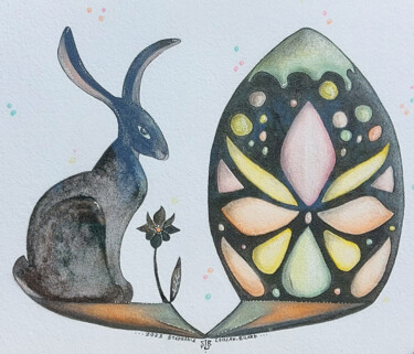 Dessin intitulée "Lapin et oeuf de Pâ…" par Stéphanie Loiseau-Bilard, Œuvre d'art originale, Aquarelle