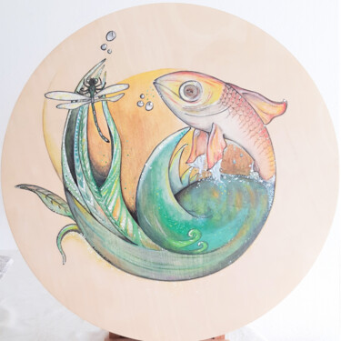 Malerei mit dem Titel "Goldfish & Dragonfly" von Stéphanie Loiseau-Bilard, Original-Kunstwerk, Aquarell Auf Holzplatte monti…