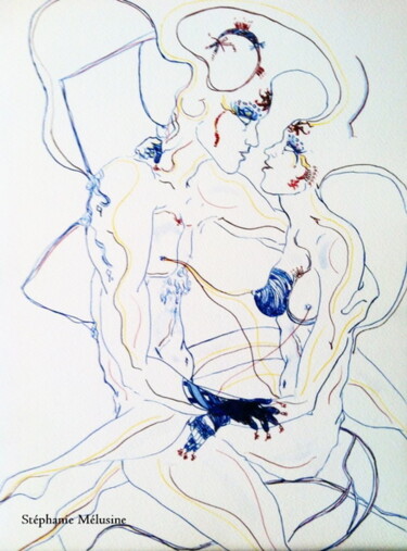 Dessin intitulée "le bain" par Stéphanie Mélusine, Œuvre d'art originale, Encre