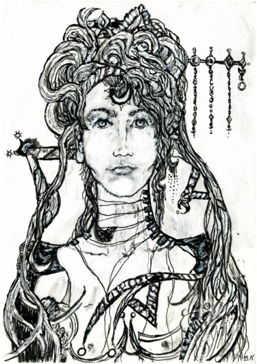 Dibujo titulada "la chaman" por Stéphanie Mélusine, Obra de arte original, Tinta