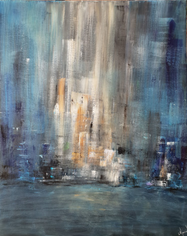 Painting titled "Abstract Cityscape…" by Stéphanie Menard, Original Artwork, Acrylic Mounted on Wood Stretcher frame