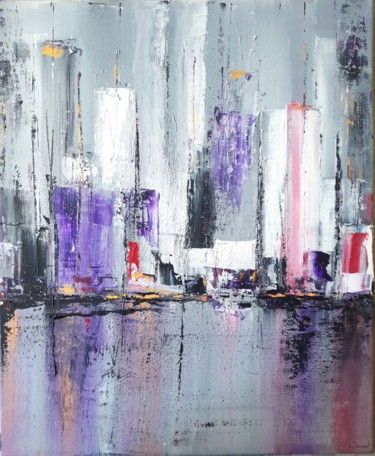 Painting titled "Abstract Cityscape…" by Stéphanie Menard, Original Artwork, Acrylic Mounted on Wood Stretcher frame