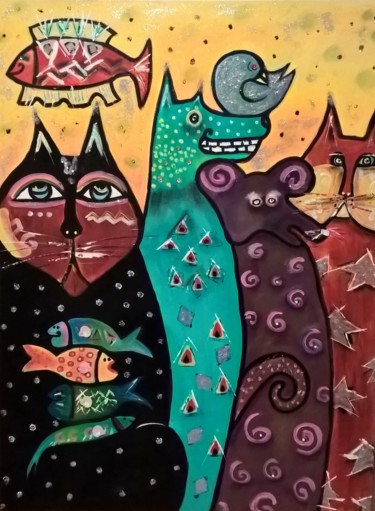Painting titled "Animaux nocturnes" by Stephanie Bernard, Original Artwork, Acrylic
