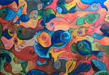 Painting titled "Poissons" by Stephanie Bernard, Original Artwork, Acrylic