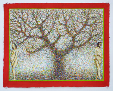 Schilderij getiteld "Tree with man and w…" door Stephen Grossman, Origineel Kunstwerk, Gouache