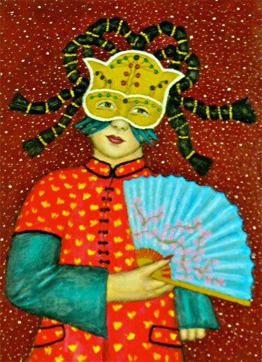 Malerei mit dem Titel "Masked Diva - Min" von Stephen Warde Anderson, Original-Kunstwerk, Acryl Auf Andere starre Platte mon…