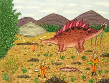 Painting titled "Stegosaurus Encount…" by Stephen Warde Anderson, Original Artwork, Acrylic Mounted on Other rigid panel