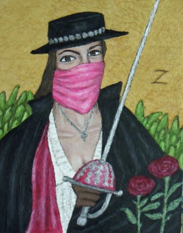 Painting titled "Lady Zorro" by Stephen Warde Anderson, Original Artwork, Acrylic Mounted on Other rigid panel