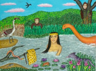 Painting titled "Prehistoric Bathing" by Stephen Warde Anderson, Original Artwork, Acrylic Mounted on Other rigid panel