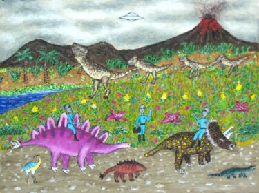 Painting titled "Dinosaur Procession" by Stephen Warde Anderson, Original Artwork, Acrylic Mounted on Other rigid panel