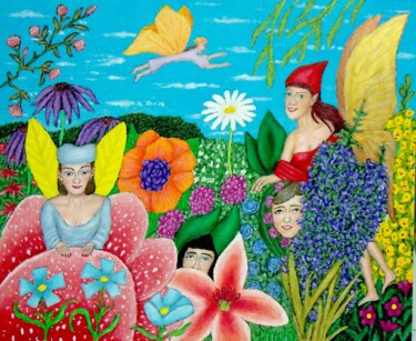 Painting titled "Fairies Among the F…" by Stephen Warde Anderson, Original Artwork, Acrylic Mounted on Other rigid panel