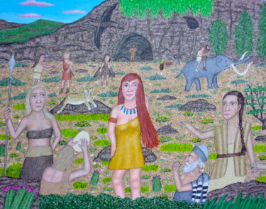 Painting titled "Stone Age Tableau" by Stephen Warde Anderson, Original Artwork, Acrylic Mounted on Other rigid panel