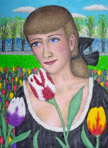 Schilderij getiteld "Tulip Girl" door Stephen Warde Anderson, Origineel Kunstwerk, Acryl Gemonteerd op Houten paneel
