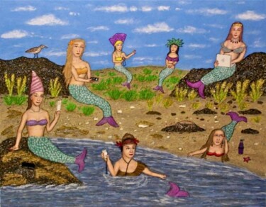 Schilderij getiteld "Mermaids Go Hi-Tech" door Stephen Warde Anderson, Origineel Kunstwerk, Acryl Gemonteerd op Andere stijv…