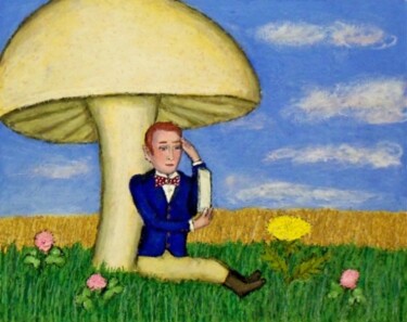 Painting titled "Mushroom Fairy" by Stephen Warde Anderson, Original Artwork, Acrylic Mounted on Other rigid panel