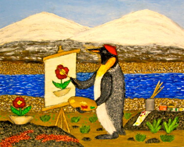 Pittura intitolato "Penguin Painter" da Stephen Warde Anderson, Opera d'arte originale, Acrilico Montato su Altro pannello r…
