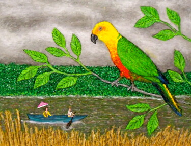 Painting titled "Sun Parakeet in Sur…" by Stephen Warde Anderson, Original Artwork, Acrylic Mounted on Other rigid panel