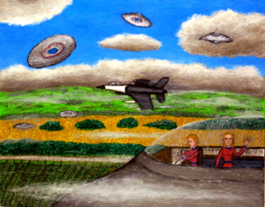 Painting titled "Saucer Fleet" by Stephen Warde Anderson, Original Artwork, Acrylic Mounted on Wood Panel