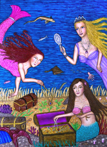 Painting titled "Mermaids Find a Tre…" by Stephen Warde Anderson, Original Artwork, Acrylic Mounted on Other rigid panel