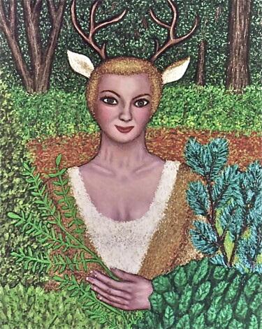 Malerei mit dem Titel "Deer Goddess" von Stephen Warde Anderson, Original-Kunstwerk, Acryl Auf Andere starre Platte montiert