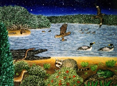 Painting titled "Nightime on the Lake" by Stephen Warde Anderson, Original Artwork, Acrylic Mounted on Other rigid panel